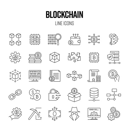 Blockchain Line Icon Set. Technology, Bitcoin, Connection, Futuristic, Database, Virtual Reality
