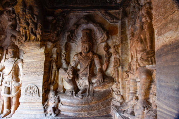 istock Cave 3 in Badami cave complex showing Maha Vishnu seated on Sheshanaga 1464560243