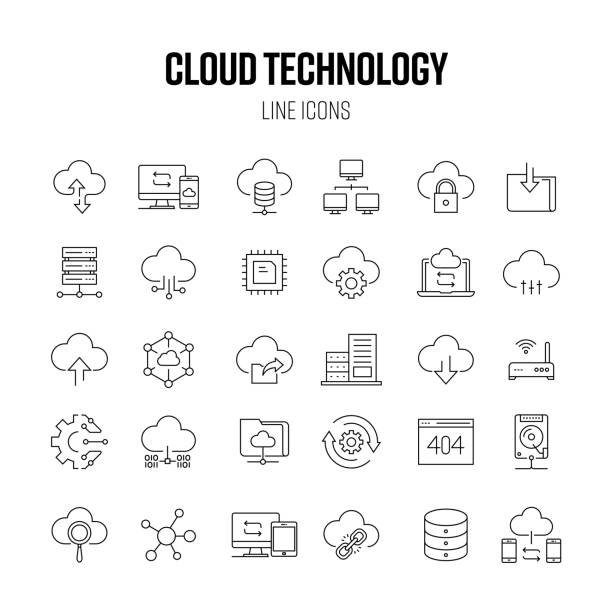 illustrations, cliparts, dessins animés et icônes de jeu d’icônes de ligne de technologie cloud. base de données, trafic, télécharger, télécharger, cloud computing - telecommunications equipment