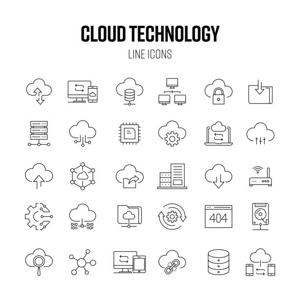 zestaw ikon linii technologii chmury. baza danych, ruch, pobieranie, przesyłanie, przetwarzanie w chmurze - virtualization network server cloud computing downloading stock illustrations