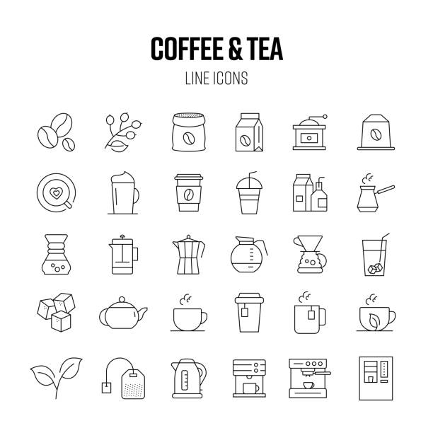 커피와 차 라인 아이콘 세트입니다. 에스프레소, 아메리카노, 라떼, 녹차 - latté cookie cappuccino coffee crop stock illustrations