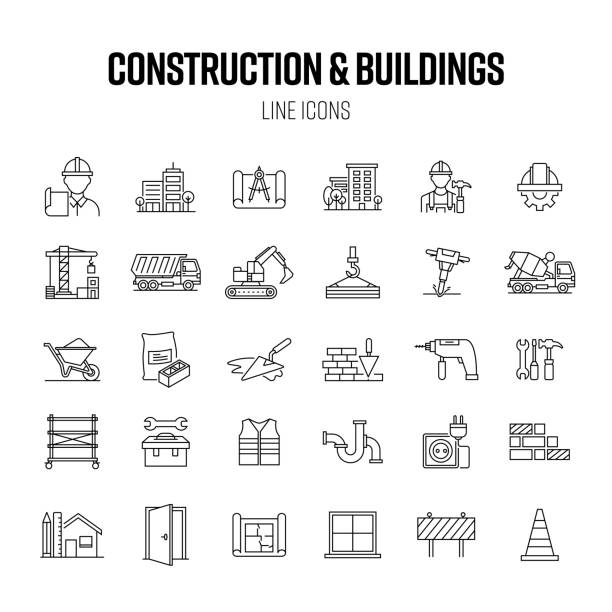 bau- und gebäudelinien-icon-set. projekt, architektur, haus - construction built structure building exterior construction site stock-grafiken, -clipart, -cartoons und -symbole