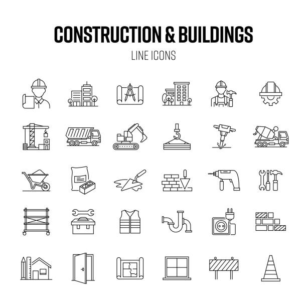 ilustrações, clipart, desenhos animados e ícones de conjunto de ícones de linha de construção e edifícios. projeto, arquitetura, casa - architect computer icon architecture icon set