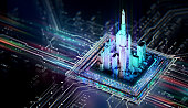 Futuristic city integrated on CPU and motherboard digital chip. Tech science background.