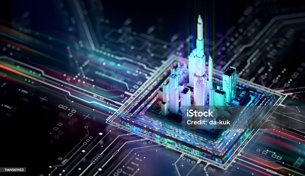 Futuristic city integrated on CPU and motherboard digital chip. Tech science background. Circuit Board Stock Photo