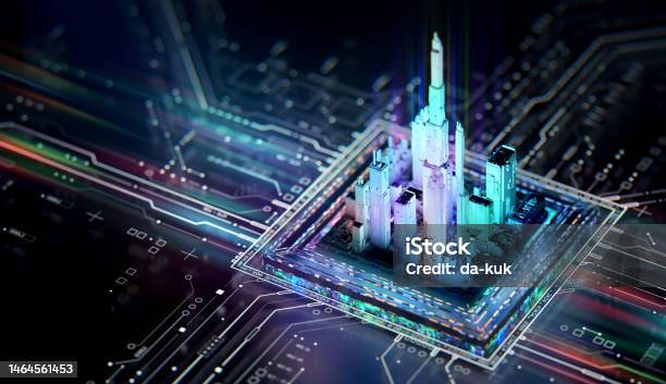 Futuristic City Integrated On Cpu And Motherboard Digital Chip Tech Science Background Stock Photo - Download Image Now