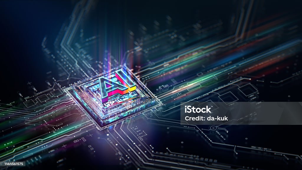 Artificial Intelligence processor unit. Powerful Quantum AI component on PCB motherboard with data transfers. Artificial Intelligence Stock Photo