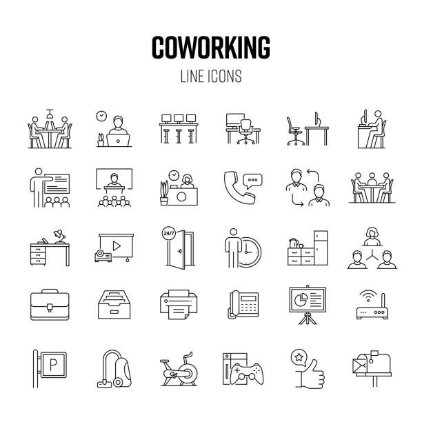 illustrazioni stock, clip art, cartoni animati e icone di tendenza di set di icone della linea di coworking. ufficio, condivisione, luogo di lavoro, imprenditore - ufficio open space