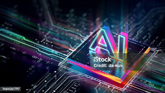 istock Artificial Intelligence processor unit. Powerful Quantum AI component on PCB motherboard with data transfers. 1464561797