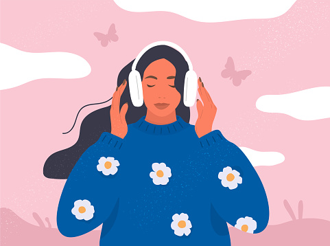 Woman listening to music. Flat style. Cute girl with headphones. Vector illustration