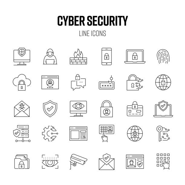 사이버 보안 라인 아이콘 세트입니다. 접근성, 해커, 피싱, 사이버 범죄, 온라인 개인 정보 - data base symbol computer icon stock illustrations