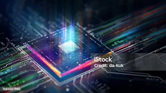 istock Futuristic central processor unit. Powerful Quantum CPU on PCB motherboard with data transfers. 1464561980