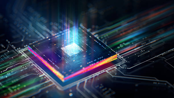 futuristic central processor unit. powerful quantum cpu on pcb motherboard with data transfers. - computer chip imagens e fotografias de stock