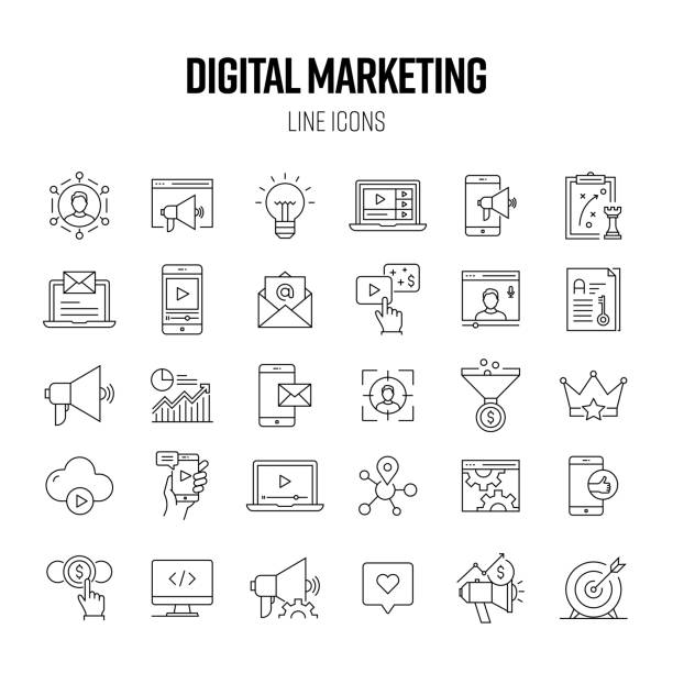 ilustraciones, imágenes clip art, dibujos animados e iconos de stock de conjunto de iconos de línea de marketing digital. cliente, comunidad, video marketing, estrategia, palabras clave, pago por clic - marketing branding internet google