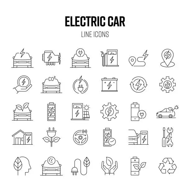 Vector illustration of Electric Car Line Icon Set. Sustainable Energy, Clean Energy, Battery, Car Charge Station