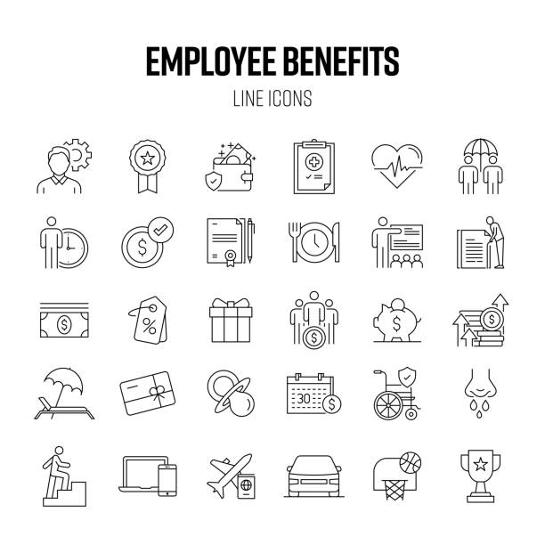 ilustraciones, imágenes clip art, dibujos animados e iconos de stock de conjunto de iconos de línea de beneficios para empleados. empresa, empleado, salario, aumento de sueldo, pausa para comer - beneficios laborales icons