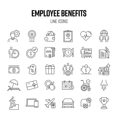 Employee Benefits Line Icon Set. Company, Employee, Salary, Pay Raise, Meal Break