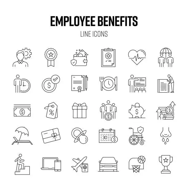 Vector illustration of Employee Benefits Line Icon Set. Company, Employee, Salary, Pay Raise, Meal Break