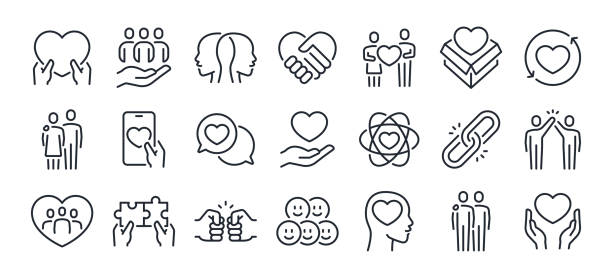 illustrazioni stock, clip art, cartoni animati e icone di tendenza di amore, amicizia, cura e beneficenza concetto di tratto modificabile icone di contorno impostate isolate su sfondo bianco illustrazione vettoriale piatta. pixel perfetto. 64 x 64. - consolare immagine