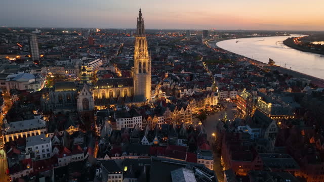 4K Aerial view of cityscape of Antwerp, gothic style landmark Cathedral of Our Lady Antwerp and historic center of city Belgium from above, Europe