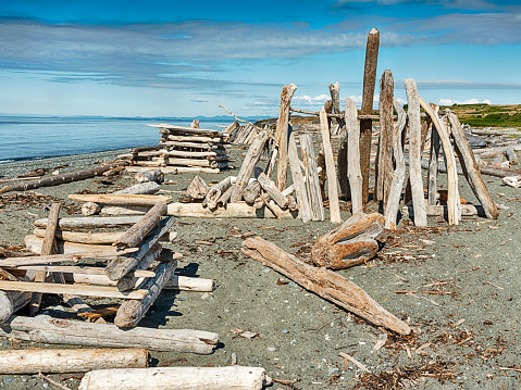 Three different beach shelters have been constructed with driftwood on South Beach on San Juan Island.