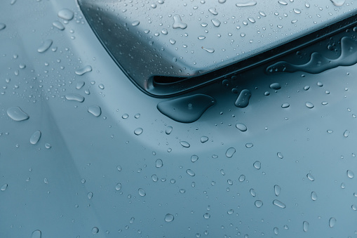 Windshield wipers of a white car which have green leaves, clouds and blue sky reflection