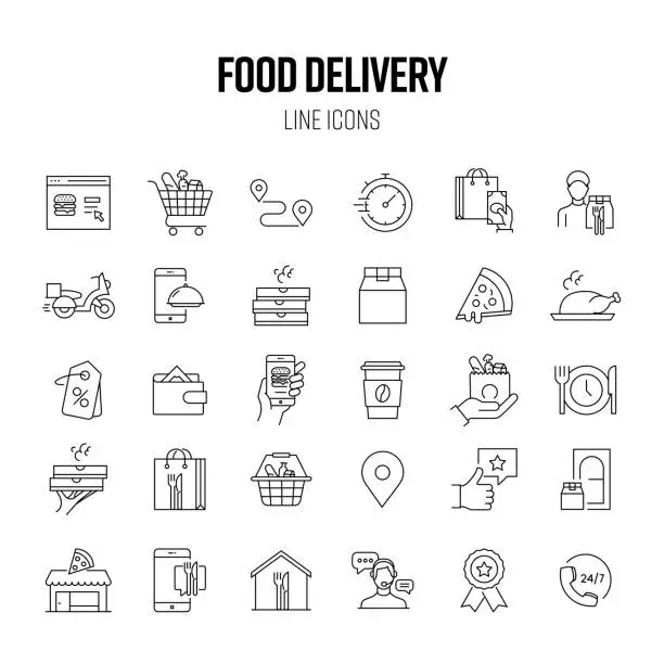 Vector illustration of Food Delivery Line Icon Set. Restaurant, Fast Food, Pizza, Courier
