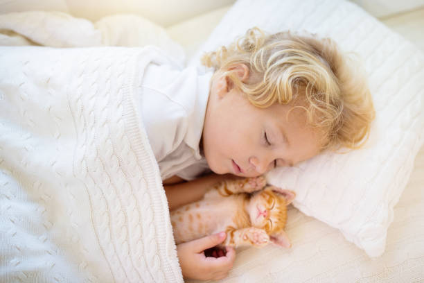 istock Baby boy sleeping with kitten. Child and cat. 1464572212