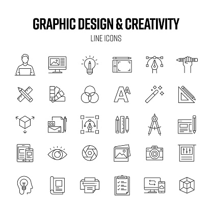 Graphic Design and Creativity Line Icon Set. Designer, Computer, Colors, Inspiration