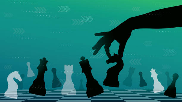 Chess strategy abstract background Chess strategy abstract green background with arrows. board game piece stock illustrations