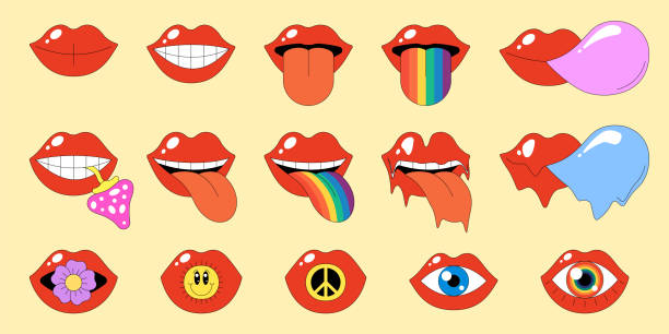 illustrations, cliparts, dessins animés et icônes de bouche ouverte rétro avec lèvres sensuelles rouges ensemble. langue hippie psychédélique qui dépasse avec arc-en-ciel, fleur, champignon et gomme. vintage hippie groovy style fou divers imitant l’émotion et l’expression faciale - 1970s style women hippie retro revival