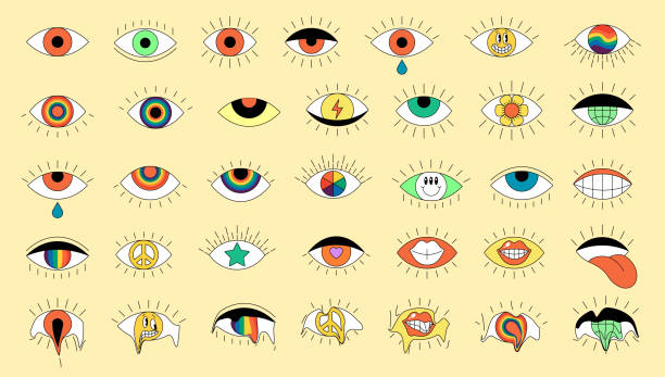 istock Retro boho eyes set. Psychedelic groovy hippie eye collection. Vintage hippy crazy various esoteric pupil sticker pack. Abstract 60s, 70s, 80s trendy style y2k vector illustration 1464574853