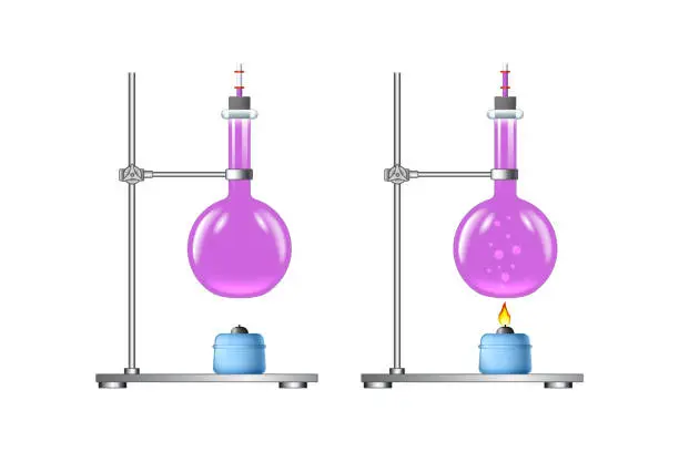 Vector illustration of Tripods with laboratory flasks and a glass alcohol spirit burners. A set for chemical experiments with liquid heating. Pascal's Law. Pressure of liquids. Scientific laboratory experiment for physics.