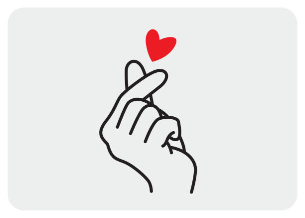 Finger Heart Gesture Hand Design, K-Pop Love Icon, Vector Template Isolated on Light Blue Background. Outline Hand With Love Symbol Drawing K-Pop Love Icon, Vector Template, Hand Palm Representing The Fingers Snapping, Love, or Money korean icon stock illustrations