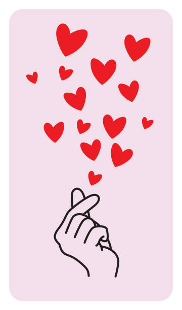 Finger Heart Gesture With a Lot of Cute Hearts Coming Out From It. K-Pop Love Icon, Vertical Template Isolated on Light Pink Background. Outline Hand With Love Symbols k pop stock illustrations