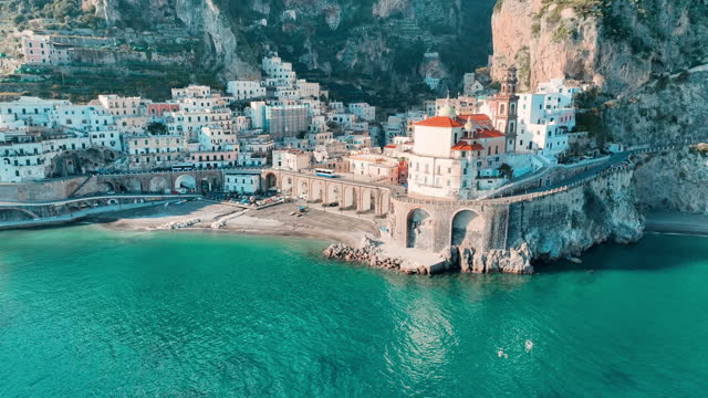 Aerial Drone Footage of Amalfi Coast, Atrani, Italy,