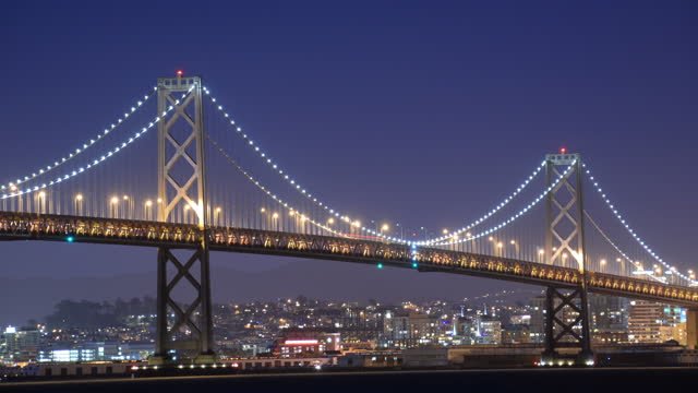 San Francisco Bay Bridge from Treasure Island Time Lapse Night Traffic Zoom In California USA