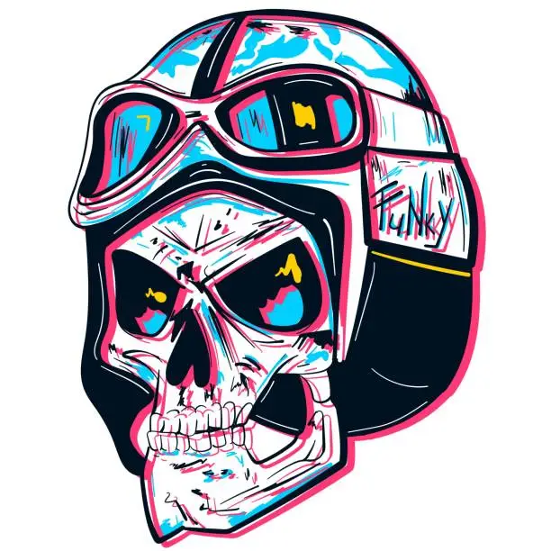 Vector illustration of Conceptual neonwave sketch art of an aviator skull wearing a funky leather cap. Military tattoo vector of a fighter with steampunk elements.