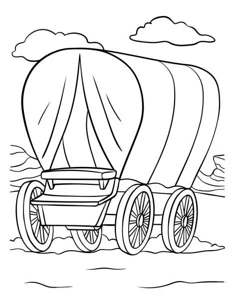 Vector illustration of Cowboy Covered Wagon Coloring Page for Kids