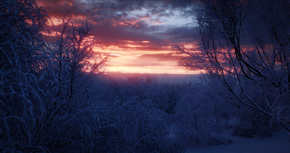 Digitally generated Digitally generated idyllic winter landscape/scenery at dusk/dawn.\n\nThe scene was created in Autodesk® 3ds Max 2023 with V-Ray 6 and rendered with photorealistic shaders and lighting in Chaos® Vantage with some post-production added.