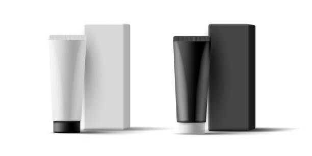 istock 3d set of black and white cosmetic tube with empty boxes for design. Blank mockup for product of cosmetics, for women and men. 1464589004