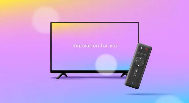 Vector illustration of Modern smart TV with a black remote control. Innovative technologies for the home, with bright wallpapers on display. Sale in electronics stores and online content.