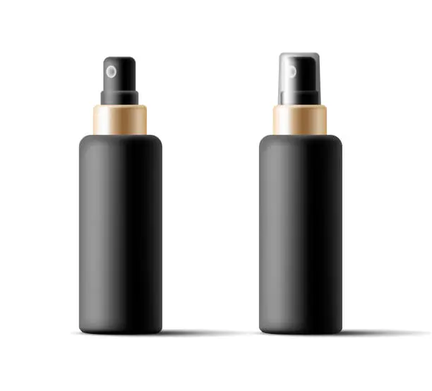 Vector illustration of Aerosol bottle of black and golden color for body care. Blank mockup for cosmetic and pharmaceutical design.