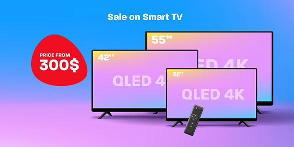 A set of modern smart TVs of different diagonals. Discounts on TVs, electronics store. A bright modern banner with the price of a TV for an advertising company. Vector illustration.