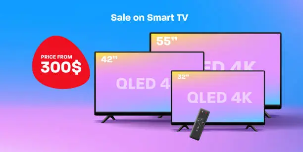Vector illustration of A set of modern smart TVs of different diagonals. Discounts on TVs, electronics store. A bright modern banner with the price of a TV for an advertising company.