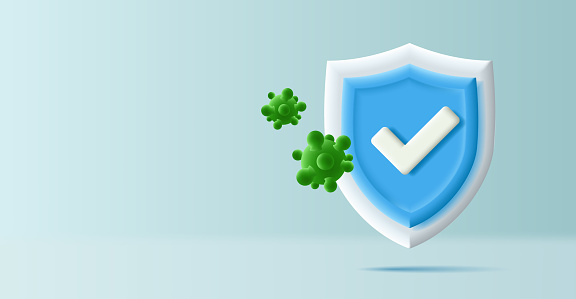 Blue shield with a checkmark, reflects green bacteria. Banner for protection against viruses, bacteria, pandemics. Immunology in medical facilities. Vector illustration for design.