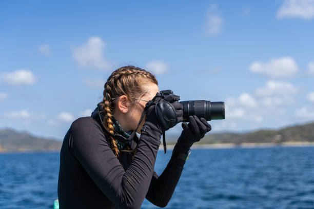 Concentrated marine biologist talking photos in the sea stock photo