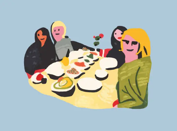 Vector illustration of Girls dining. Curry night