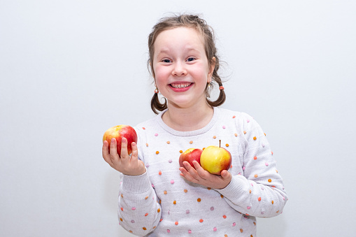 Portrait of a Caucasian girl, the child holds ripe red apples in her hands and smiles. Girl on a gray background.