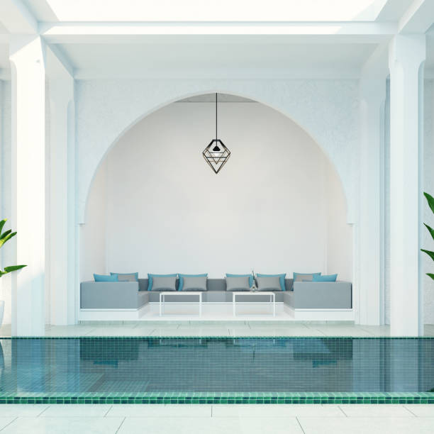 Modern luxury riad living room garden and swimming pool in courtyard, morocco style Modern luxury riad living room garden and swimming pool in courtyard, morocco style marrakesh riad stock pictures, royalty-free photos & images